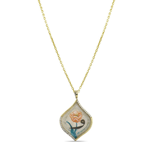 0.21 Carat Natural Diamond Necklace with Rose Motif and Arabic Waw Design - Gold Stone Diamond