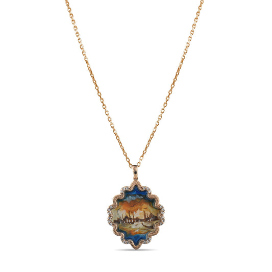 0.12 Carat Natural Diamond Necklace with Istanbul Motif - Gold Stone Diamond