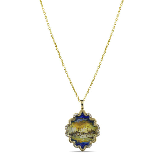 0.12 Carat Natural Diamond Necklace with Istanbul Motif - Gold Stone Diamond