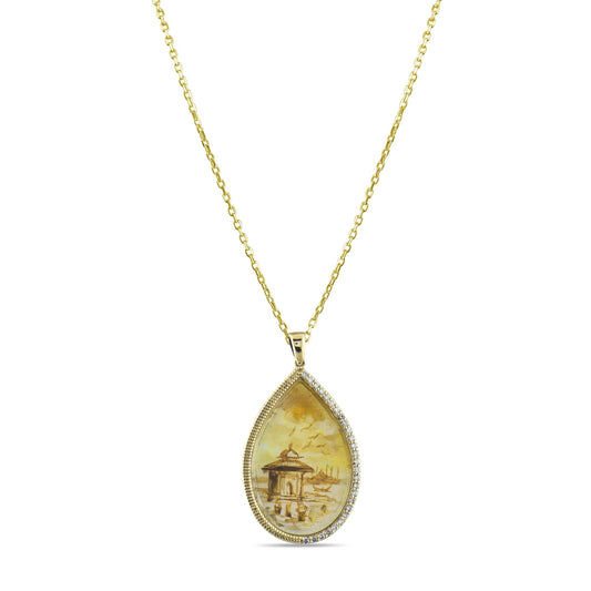 0.19 Carat Natural Diamond Necklace with Istanbul Motif - Gold Stone Diamond