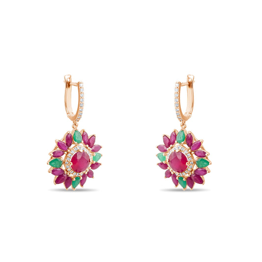 8.74 Carat Natural Diamond and Ruby Earrings – Floral Earrings - Gold Stone Diamond