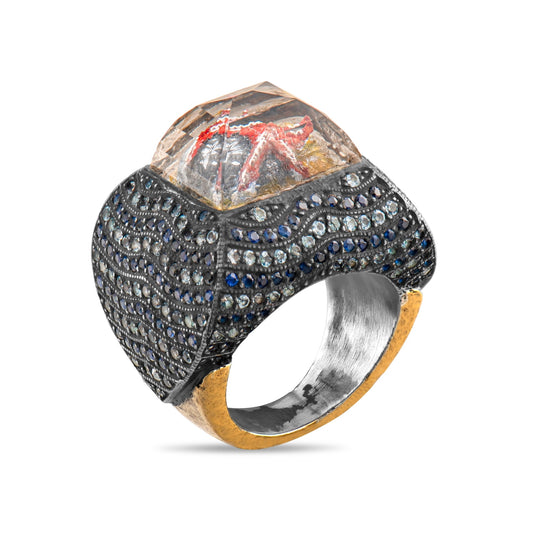 6.00 Carat Natural Black Diamond and Sapphire Starfish Design Ring - Gold Stone Diamond