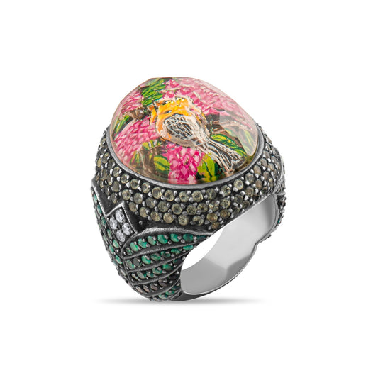 2.63 Carat Natural Diamond and Emerald Floral Design Ring - Gold Stone Diamond