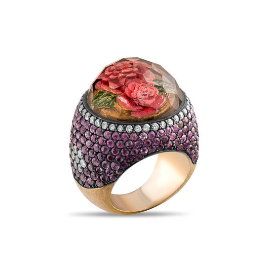 9.35 Carat Natural Diamond and Amethyst Rose Design Ring – Fine Jewelry Design - Gold Stone Diamond