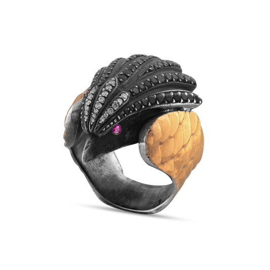1.62 Carat Natural Diamond and Ruby Eagle Design Ring - Gold Stone Diamond