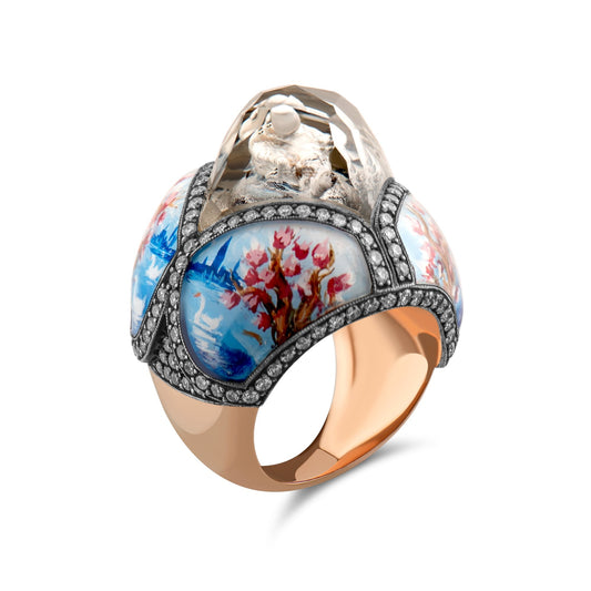 2.20 Carat Natural Diamond Swan and Floral Design Ring – Fine Jewelry Design - Gold Stone Diamond