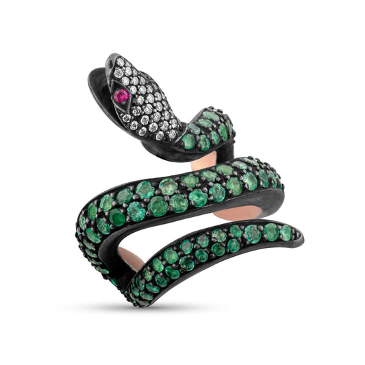 3.00 Carat Natural Diamond and Emerald Snake Design Luxury Ring - Gold Stone Diamond