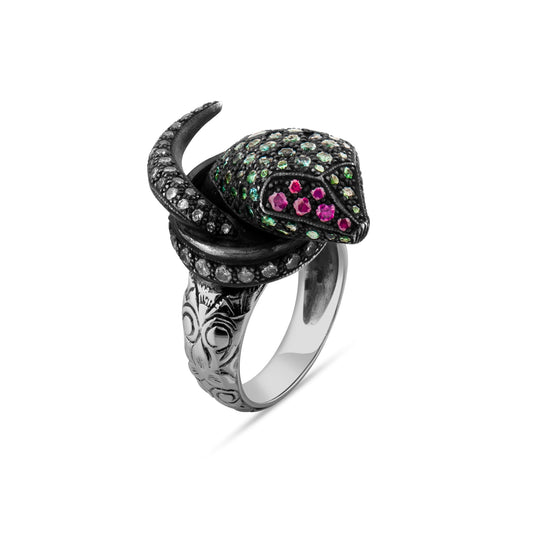 3.78 Carat Natural Diamond and Emerald Ring, Snake Design Ring - Gold Stone Diamond