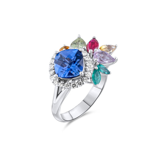 3.71 Carat Natural Diamond, Tourmaline and Sapphire Ring - Gold Stone Diamond