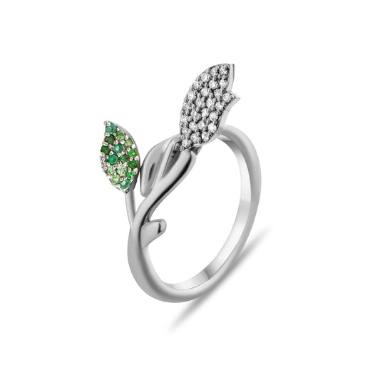 0.36 Carat Natural Diamond and Emerald Leaf Figure Ring - Gold Stone Diamond