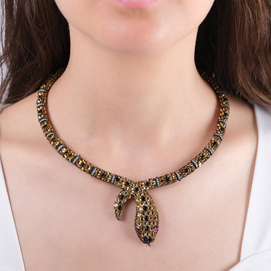 44.40 Carat Natural Diamond and Citrine Snake Necklace – Fine Jewelry Design - Gold Stone Diamond