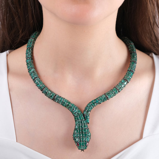 129.20 Carat Natural Diamond and Emerald Snake Necklace – Fine Jewelry Design - Gold Stone Diamond