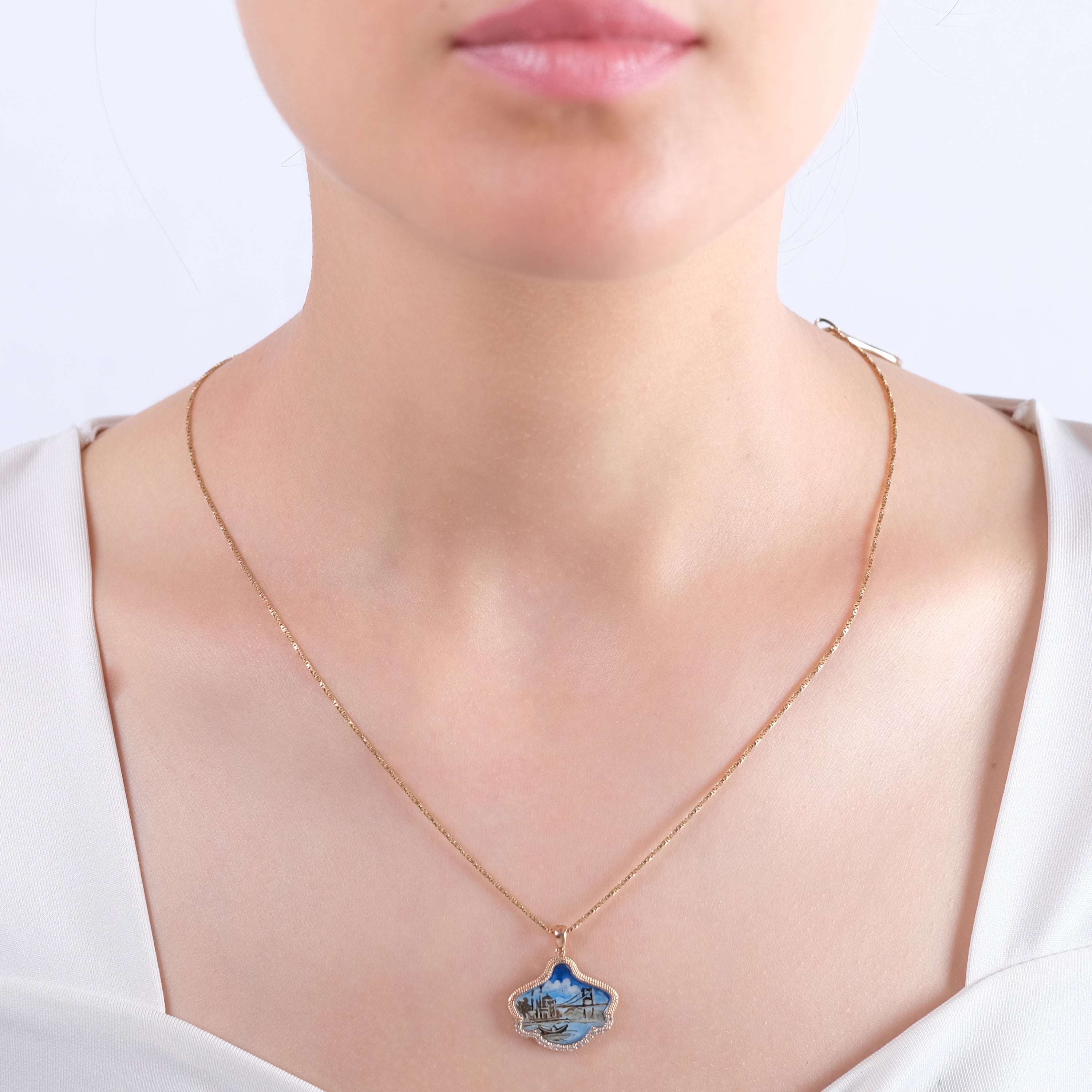 0.17 Carat Natural Diamond Necklace with Bosphorus – Inspired Istanbul Design - Gold Stone Diamond