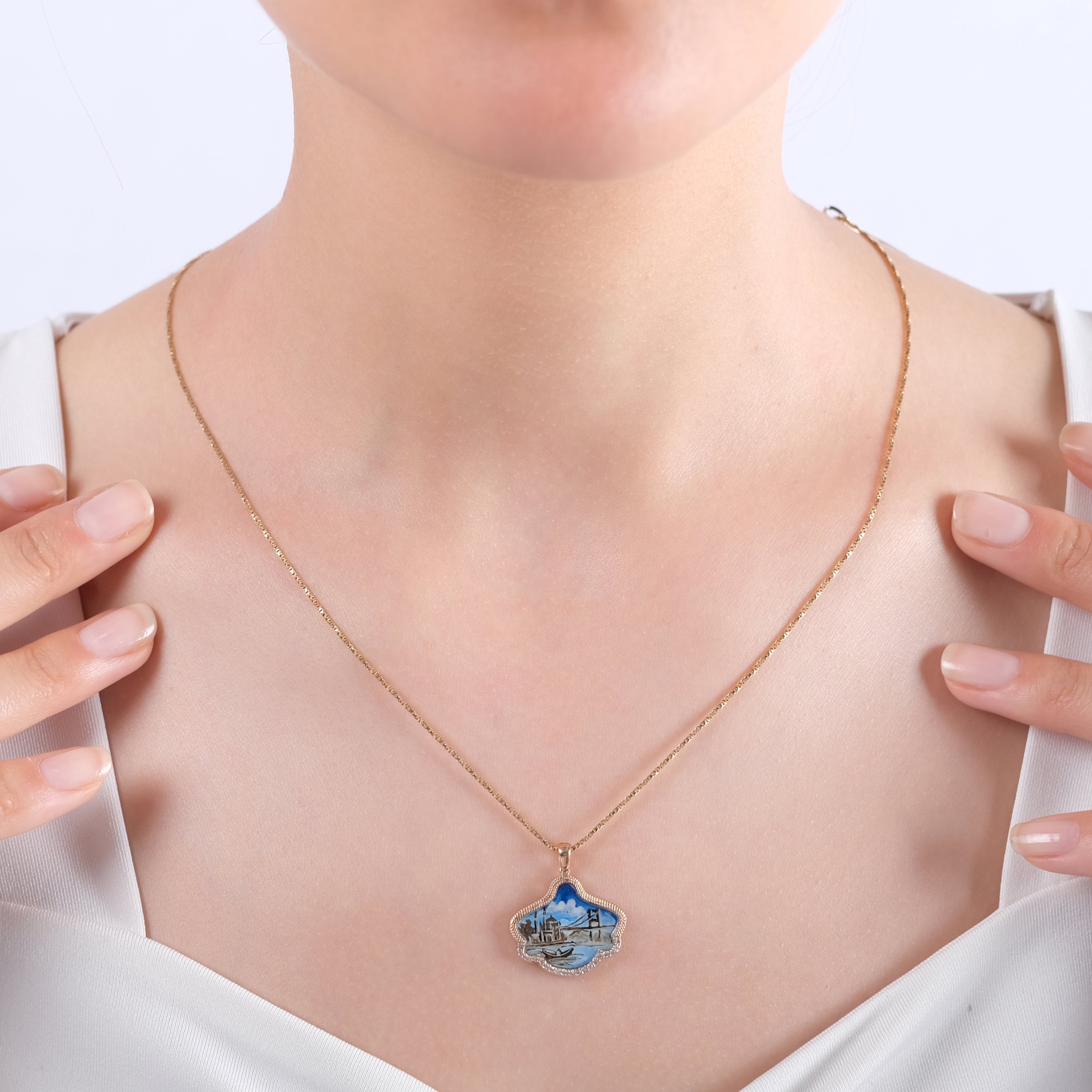 0.17 Carat Natural Diamond Necklace with Bosphorus – Inspired Istanbul Design - Gold Stone Diamond