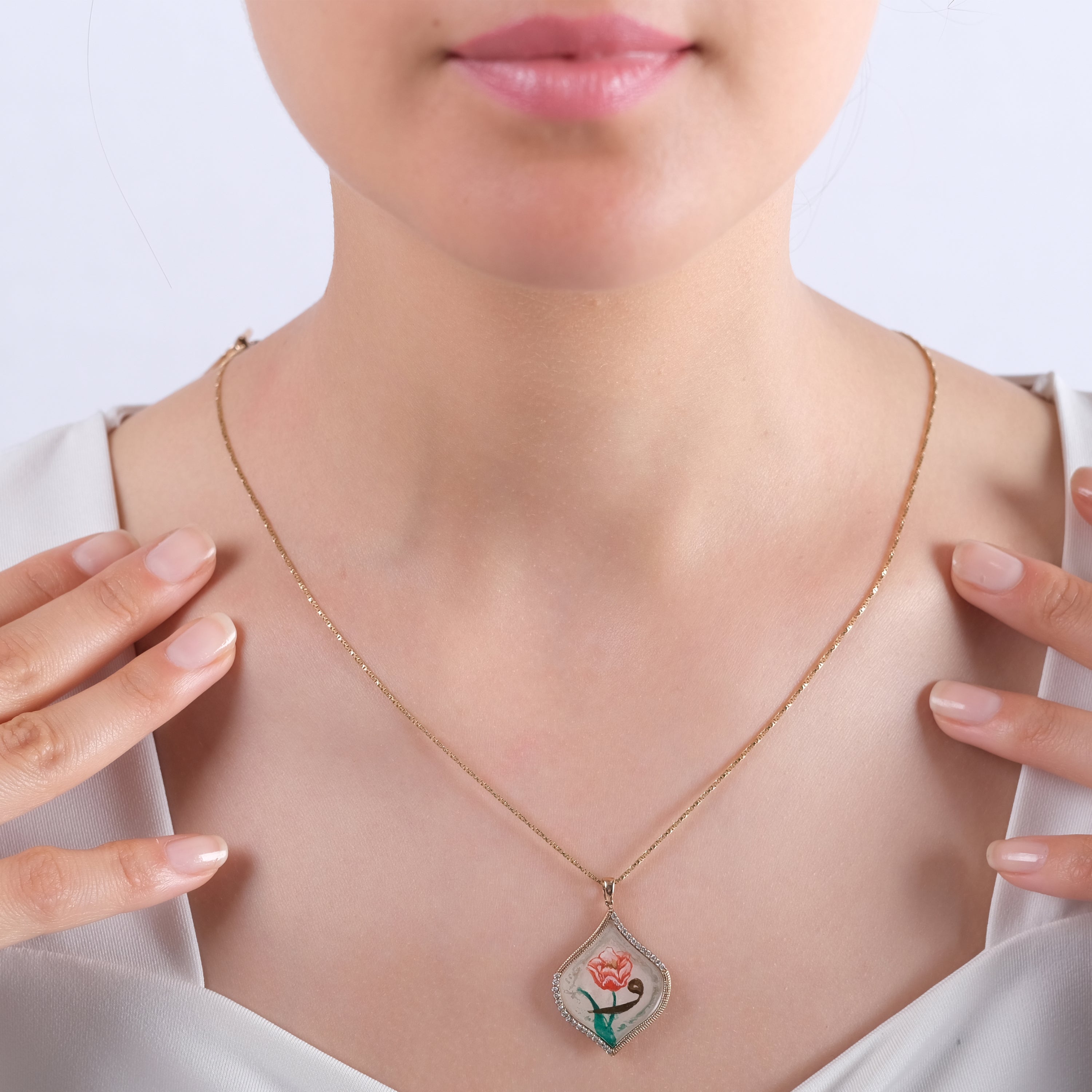 0.21 Carat Natural Diamond Necklace with Rose Motif and Arabic Waw Design - Gold Stone Diamond
