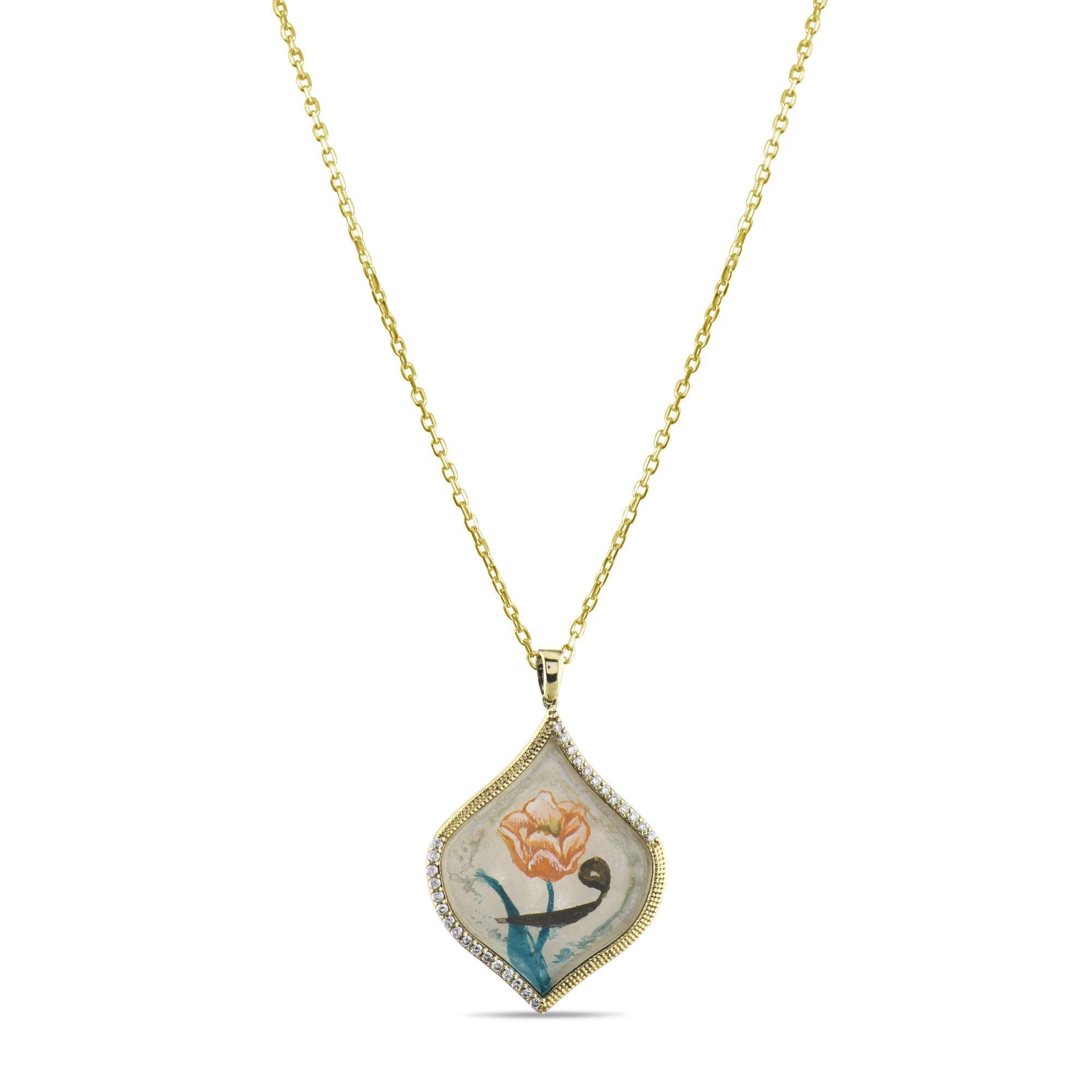0.21 Carat Natural Diamond Necklace with Rose Motif and Arabic Waw Design - Gold Stone Diamond