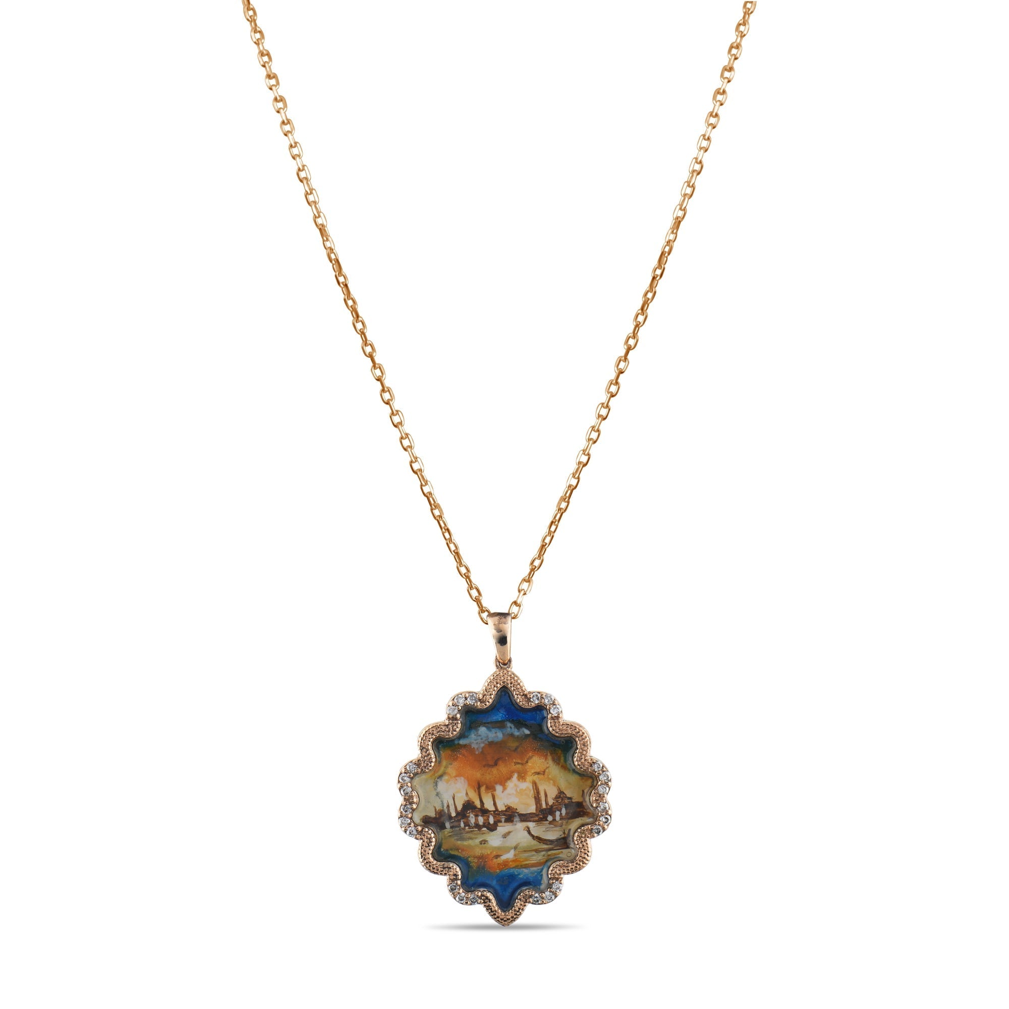 0.12 Carat Natural Diamond Necklace with Istanbul Motif - Gold Stone Diamond
