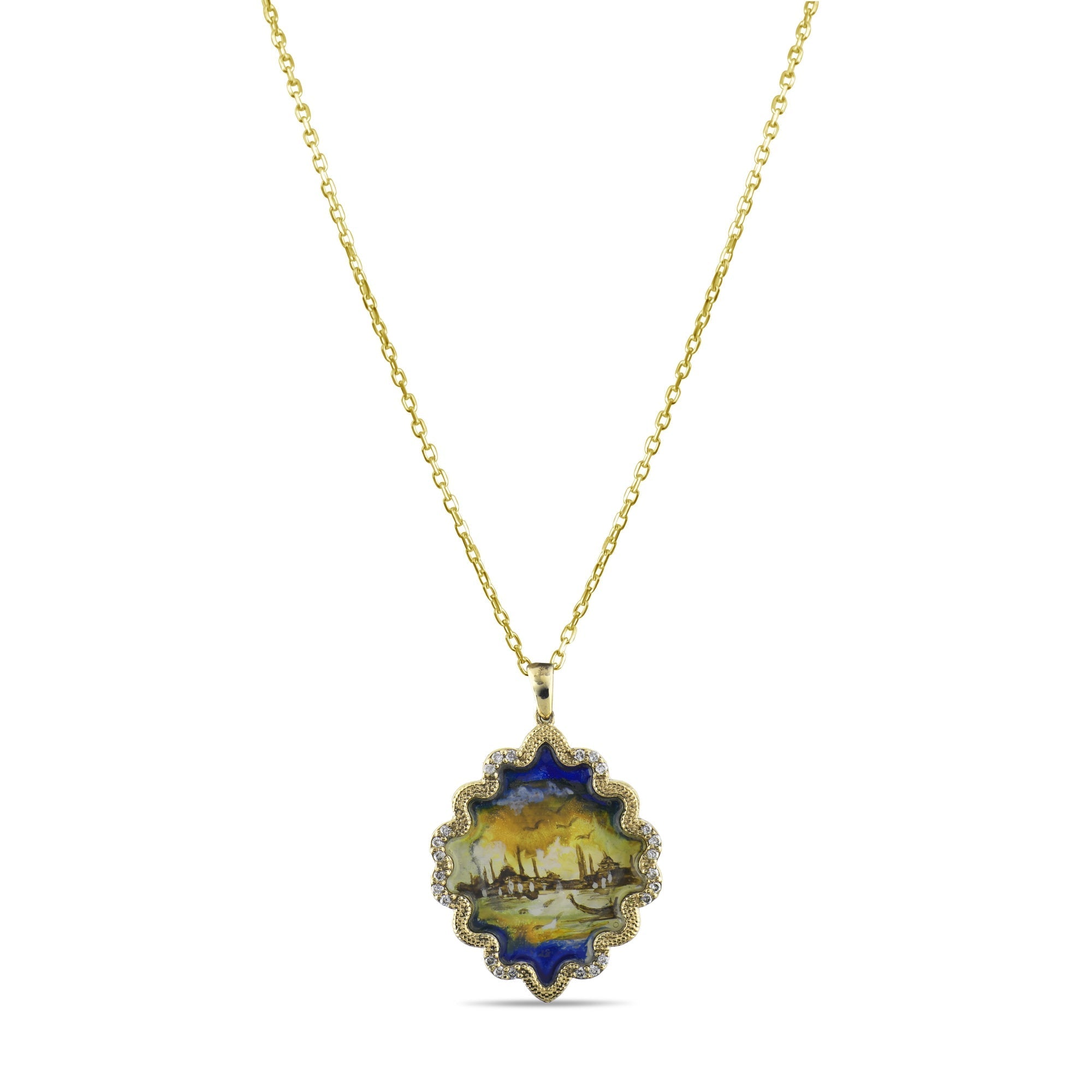 0.12 Carat Natural Diamond Necklace with Istanbul Motif - Gold Stone Diamond