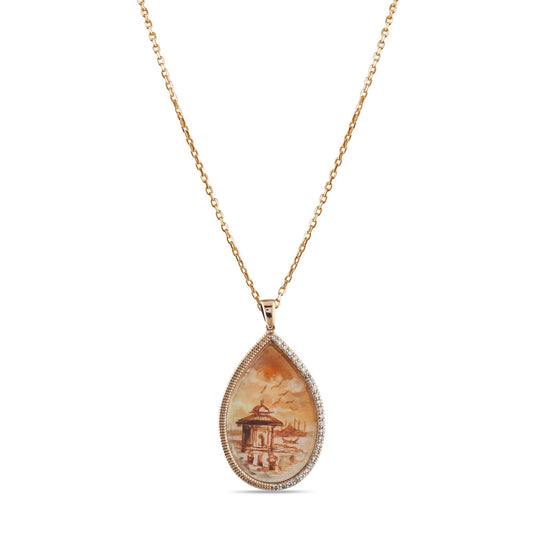 0.19 Carat Natural Diamond Necklace with Istanbul Motif - Gold Stone Diamond