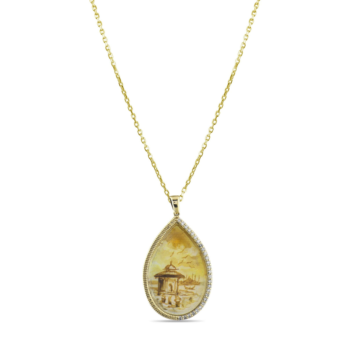 0.19 Carat Natural Diamond Necklace with Istanbul Motif - Gold Stone Diamond