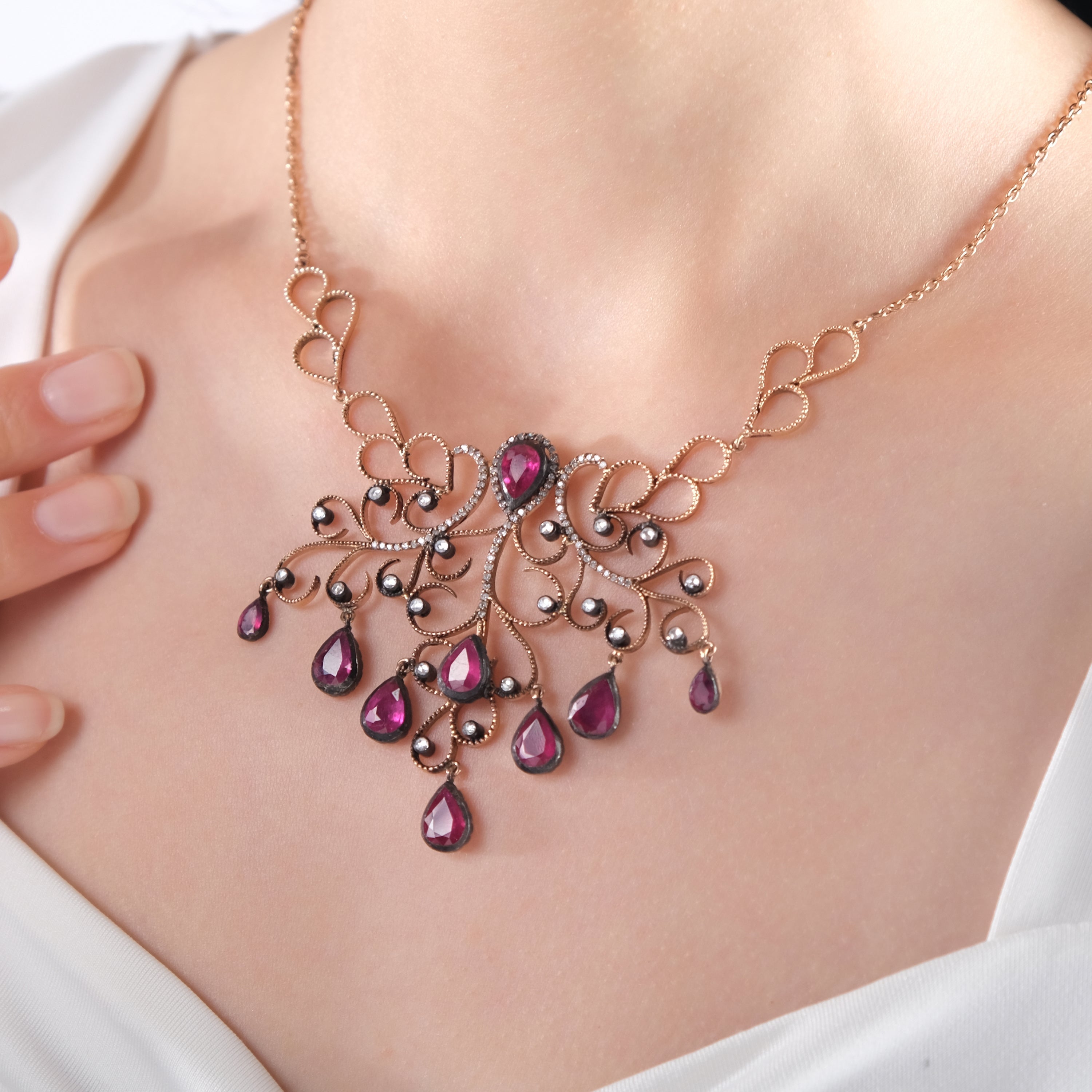 8.34 Carat Natural Diamond and Ruby Necklace – Fine Jewelry Design - Gold Stone Diamond