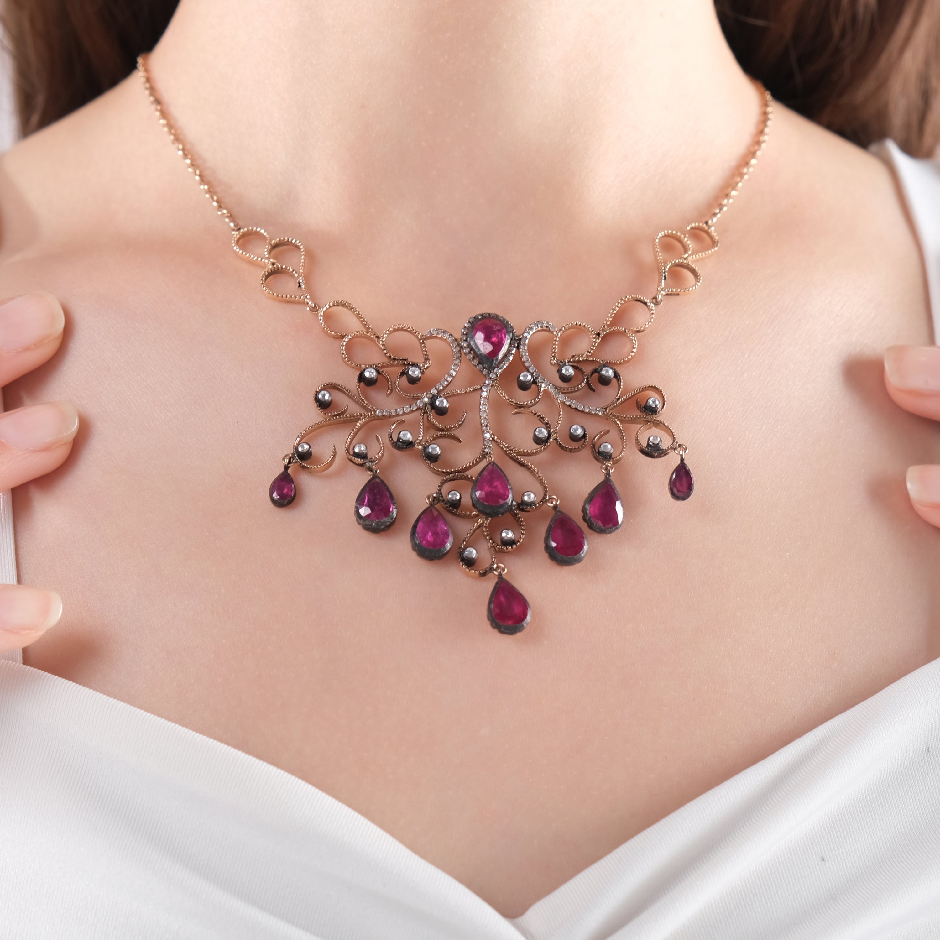 8.34 Carat Natural Diamond and Ruby Necklace – Fine Jewelry Design - Gold Stone Diamond
