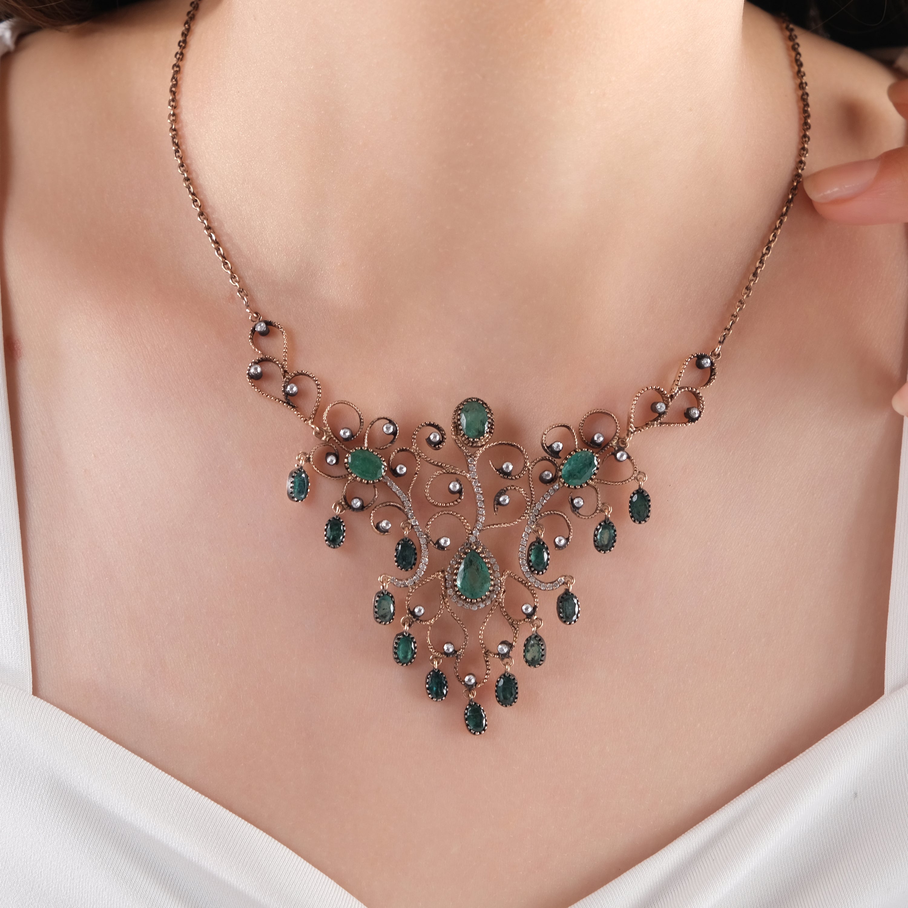 7.28 Carat Natural Diamond and Emerald Necklace – Fine Jewelry Design - Gold Stone Diamond