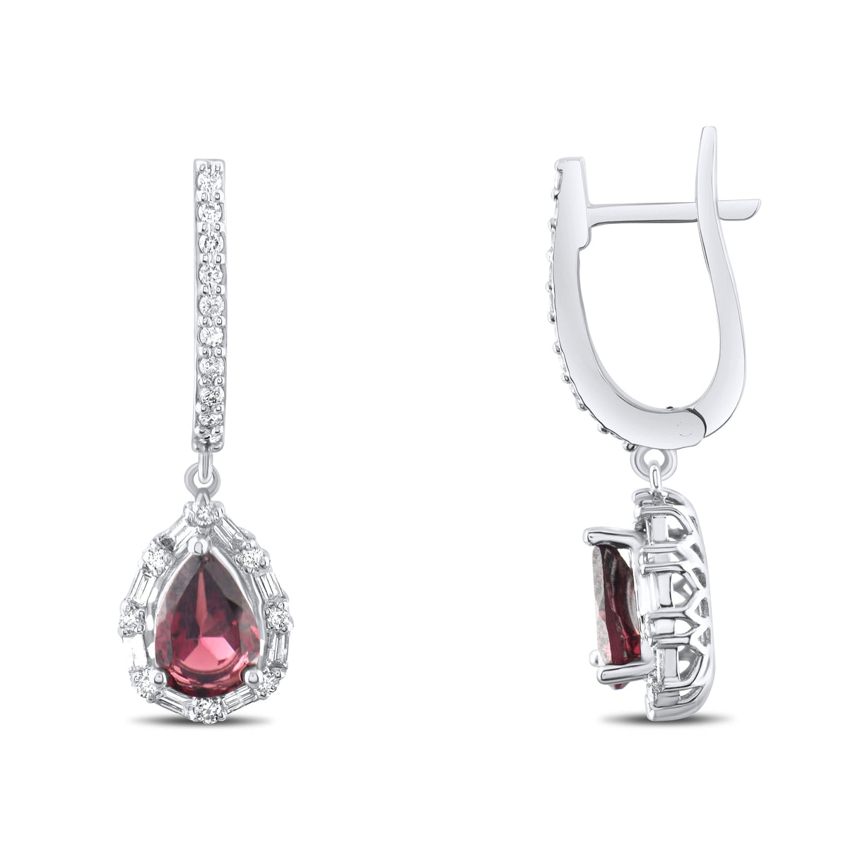 1.85 Carat Natural Diamond and Rhodolite Earrings – Fine Jewelry - Gold Stone Diamond