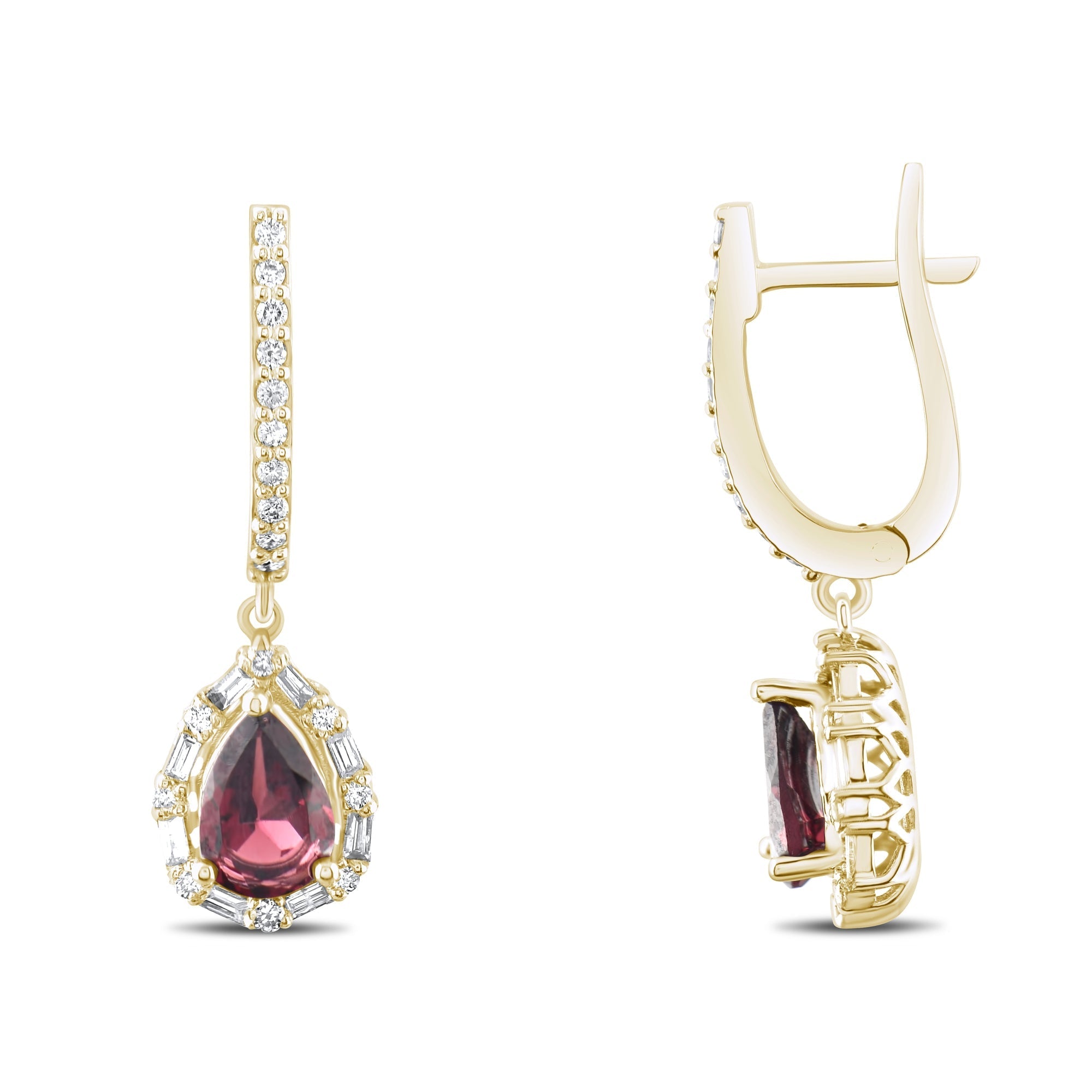 1.85 Carat Natural Diamond and Rhodolite Earrings – Fine Jewelry - Gold Stone Diamond
