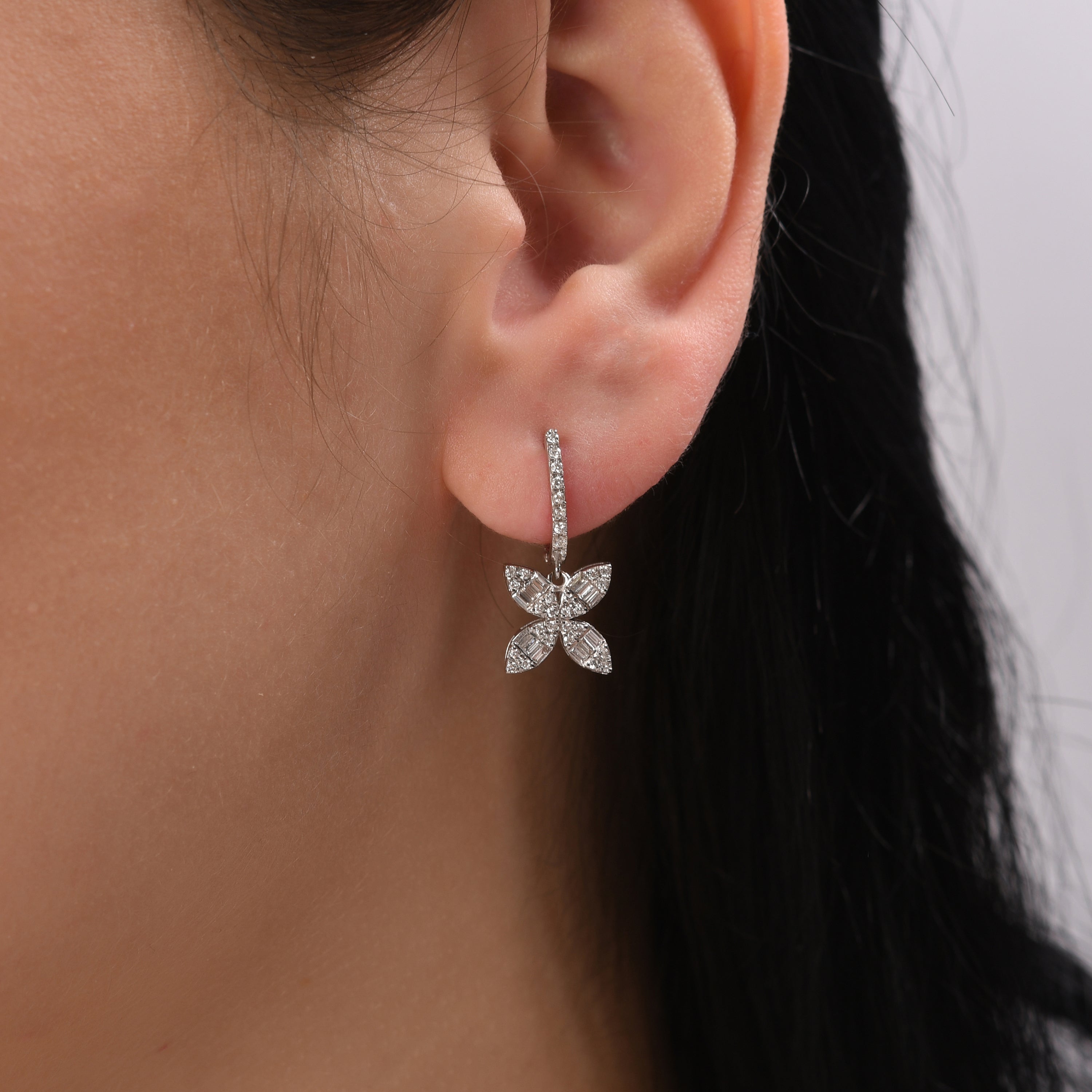 0.76 Carat Baguette Diamond Floral Earrings – Fine Jewelry Design - Gold Stone Diamond