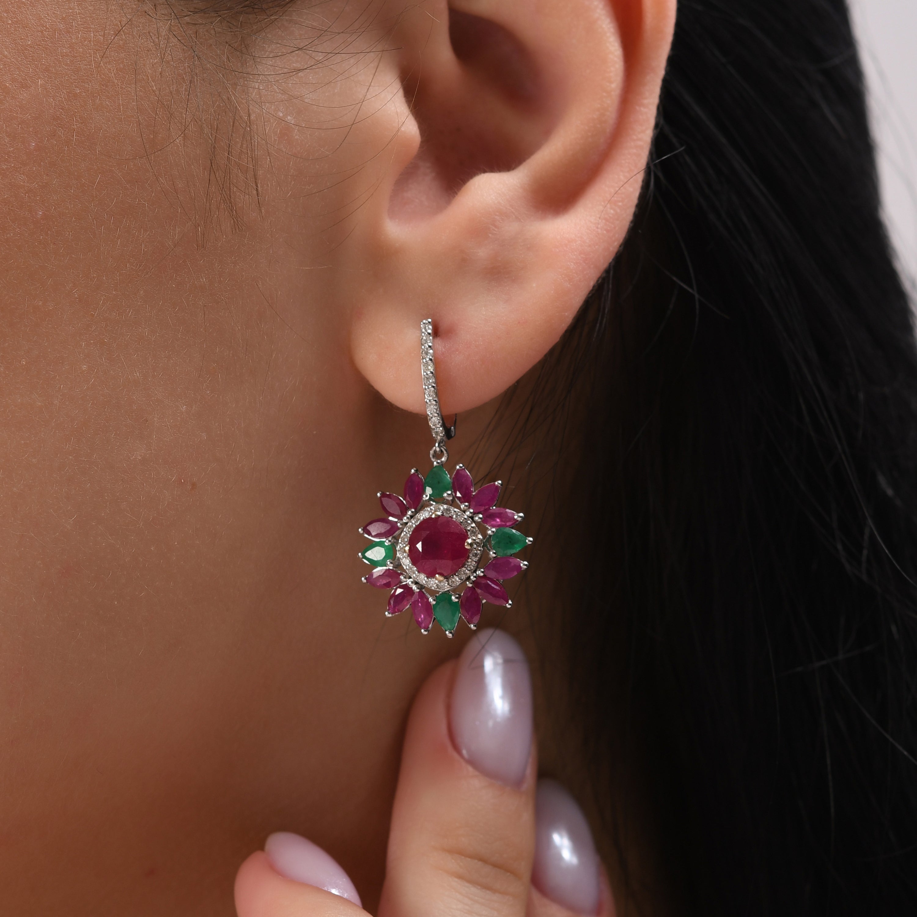 8.74 Carat Natural Diamond and Ruby Earrings – Floral Earrings - Gold Stone Diamond