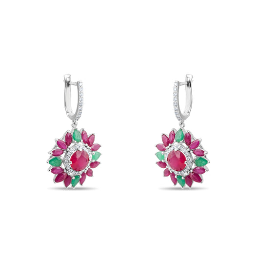 8.74 Carat Natural Diamond and Ruby Earrings – Floral Earrings - Gold Stone Diamond