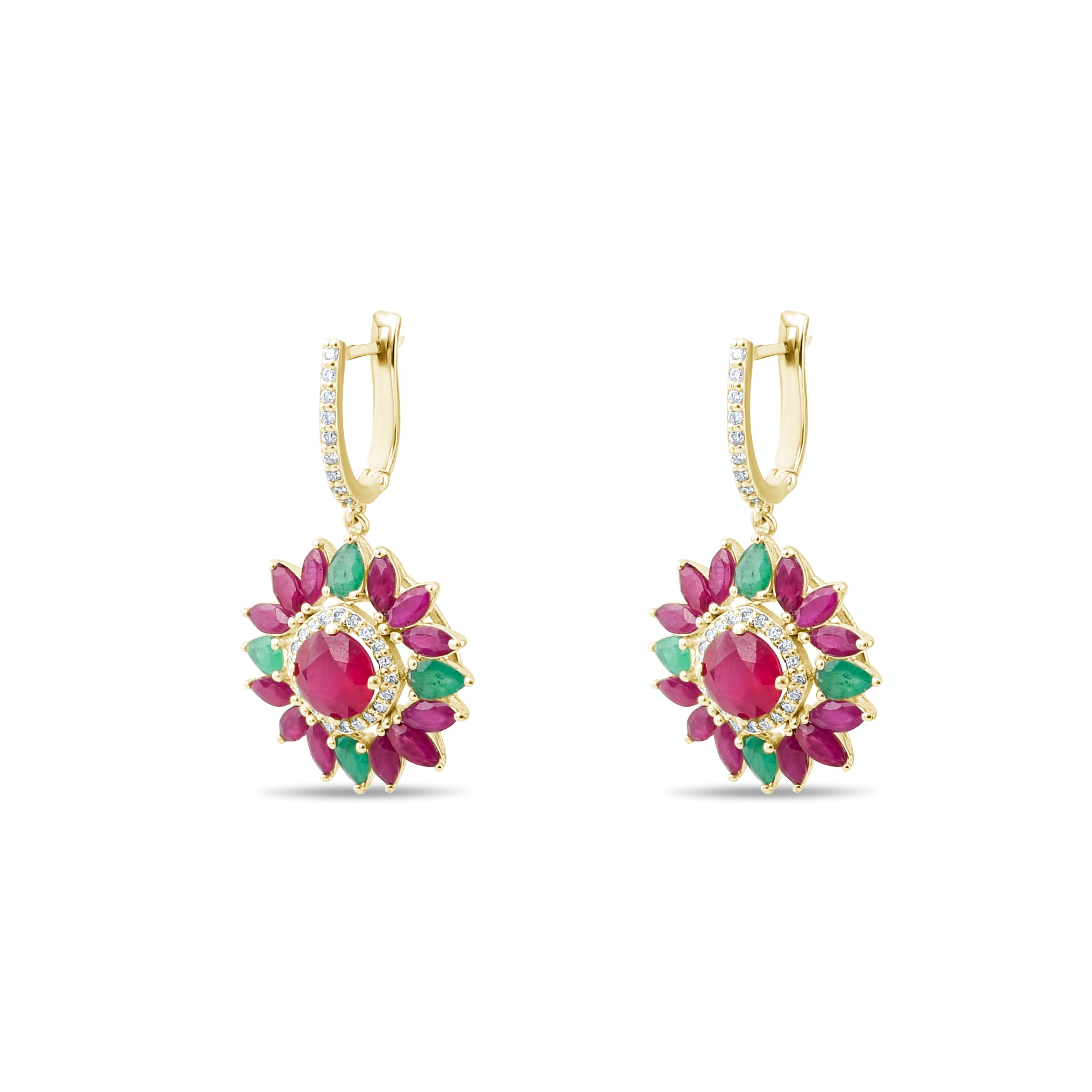 8.74 Carat Natural Diamond and Ruby Earrings – Floral Earrings - Gold Stone Diamond