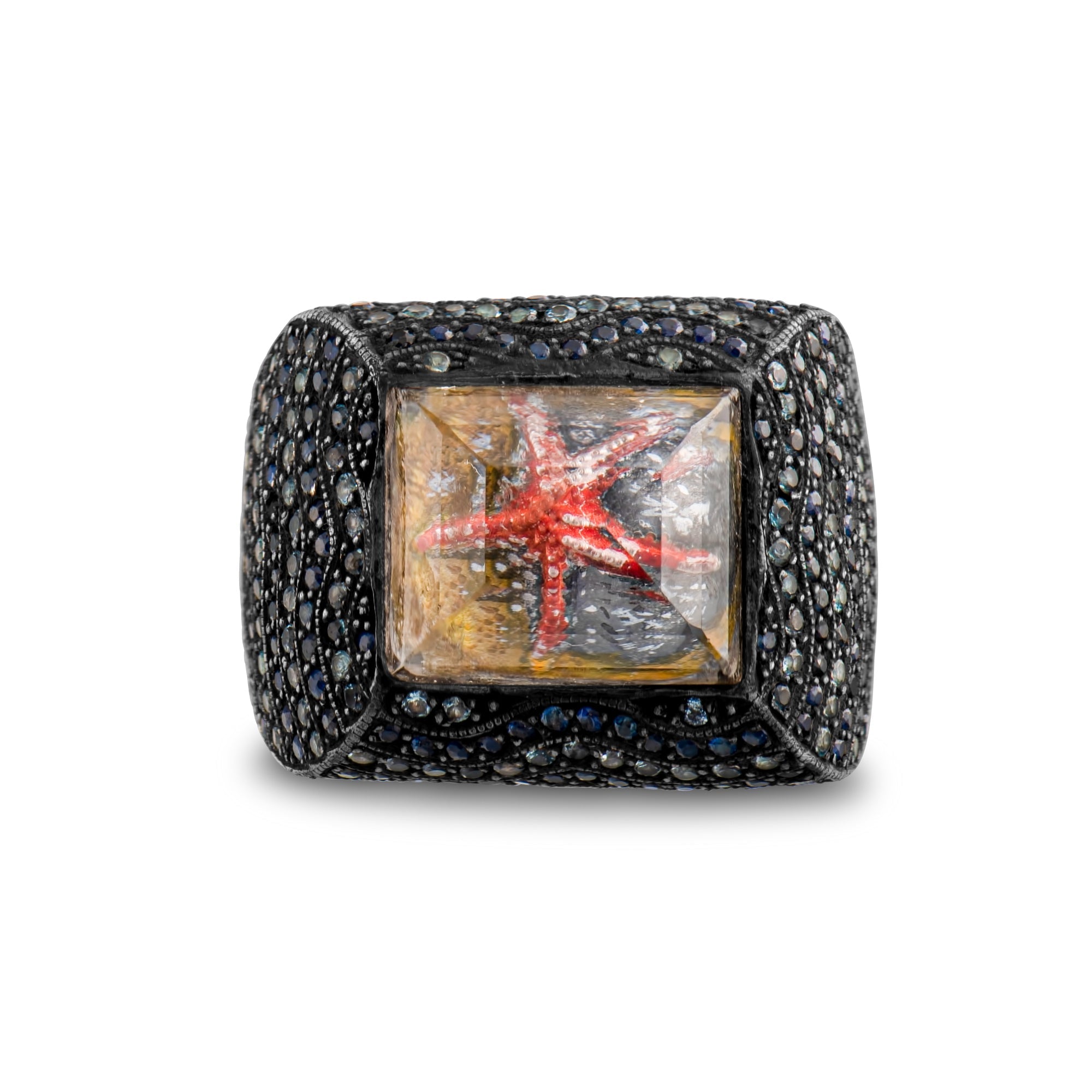 6.00 Carat Natural Black Diamond and Sapphire Starfish Design Ring - Gold Stone Diamond