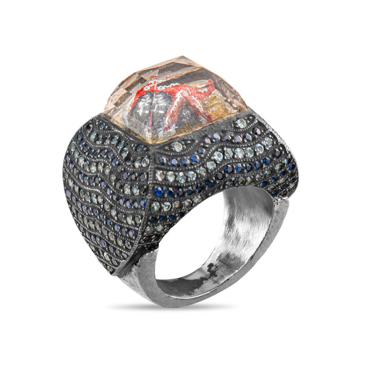 6.00 Carat Natural Black Diamond and Sapphire Starfish Design Ring - Gold Stone Diamond
