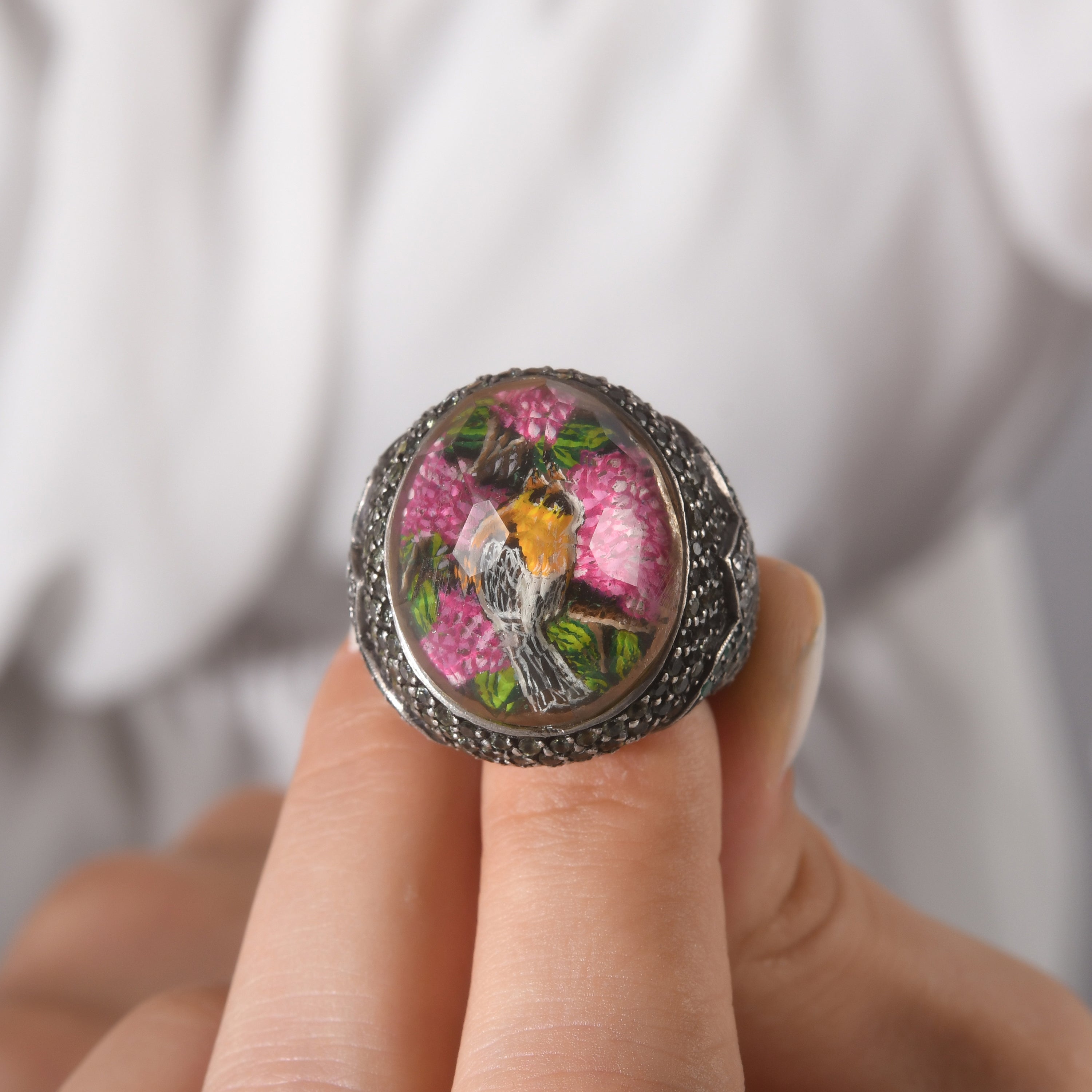 2.63 Carat Natural Diamond and Emerald Floral Design Ring - Gold Stone Diamond