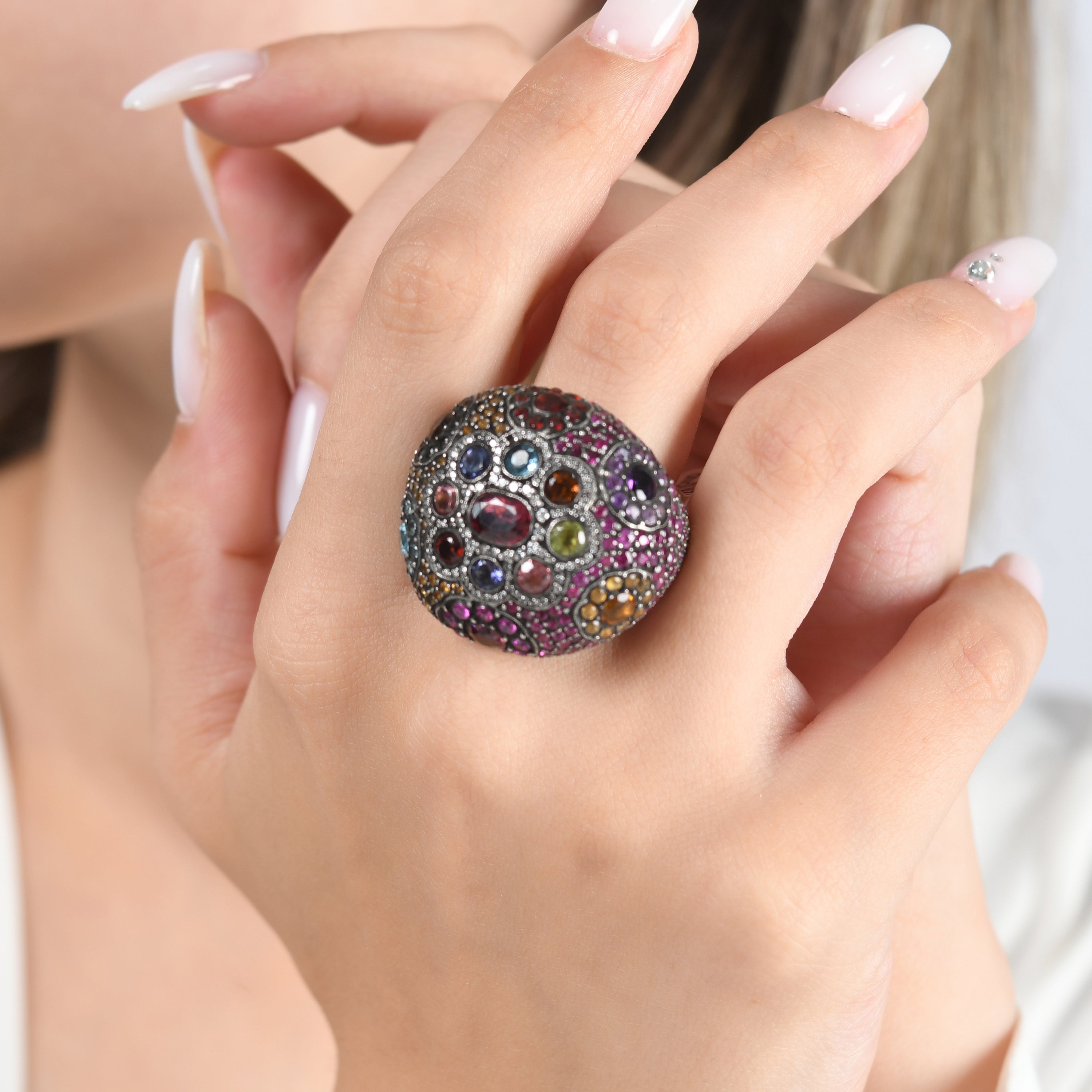2.96 Carat Natural Diamond and Rhodolite Ring – Fine Jewelry Design - Gold Stone Diamond
