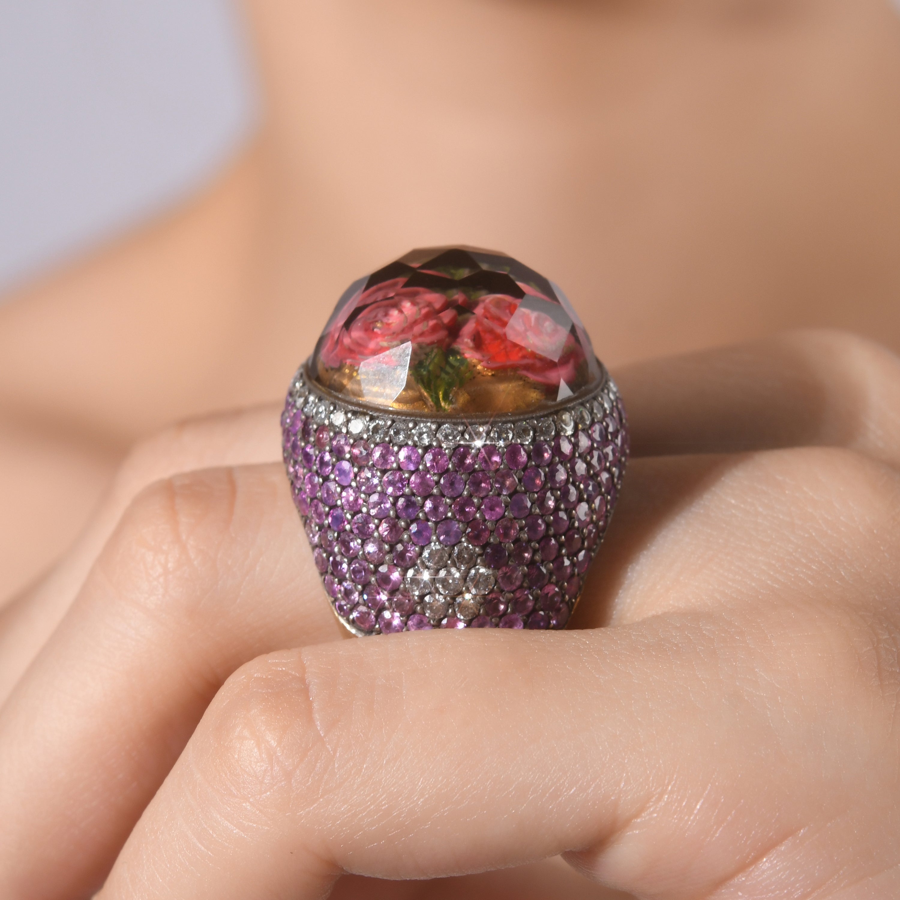 9.35 Carat Natural Diamond and Amethyst Rose Design Ring – Fine Jewelry Design - Gold Stone Diamond