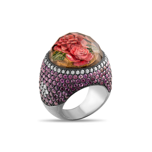 9.35 Carat Natural Diamond and Amethyst Rose Design Ring – Fine Jewelry Design - Gold Stone Diamond