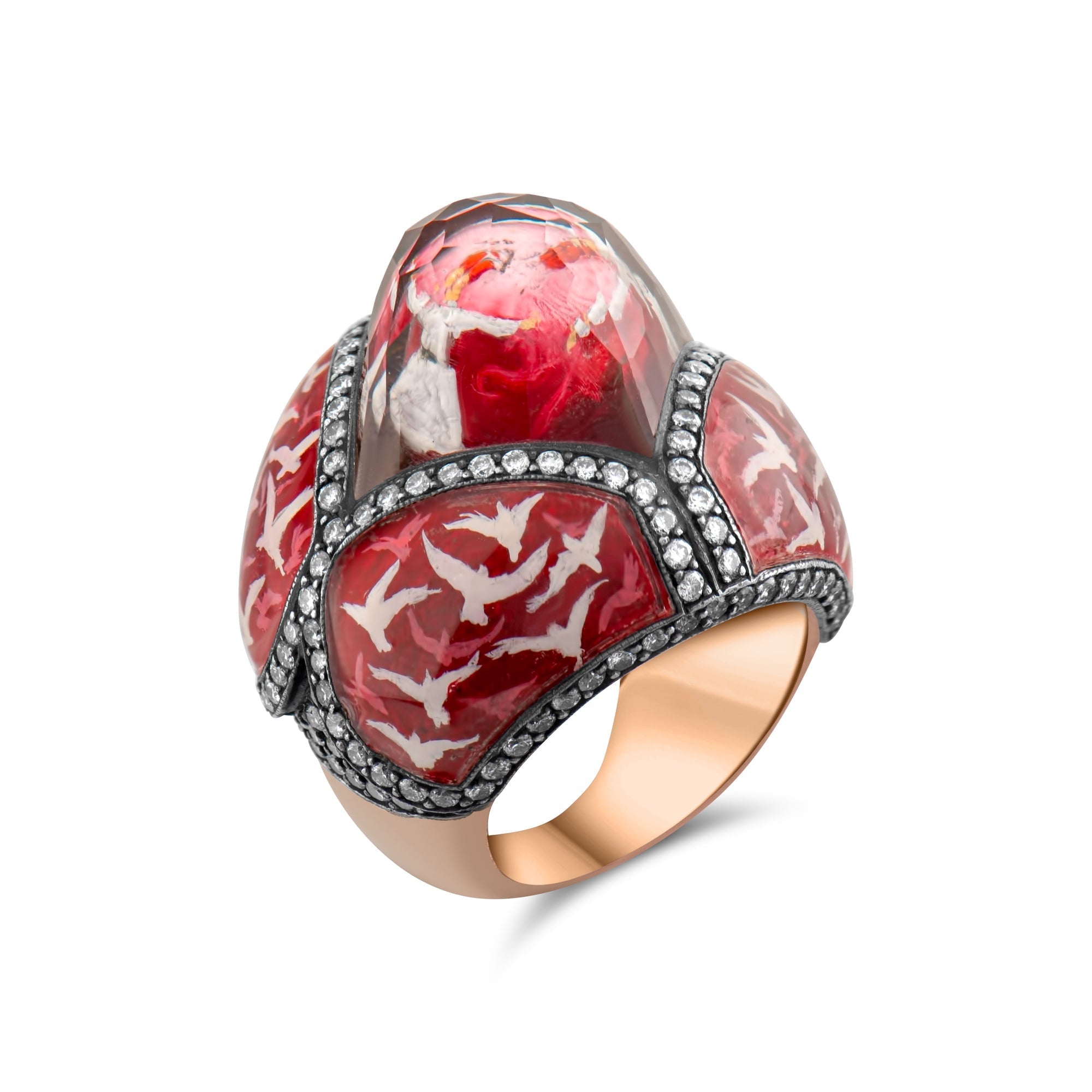 1.97 Carat Natural Diamond and Whirling Dervish and Bird Motif Ring - Gold Stone Diamond