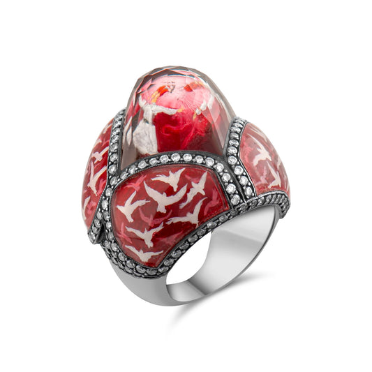 1.97 Carat Natural Diamond and Whirling Dervish and Bird Motif Ring - Gold Stone Diamond