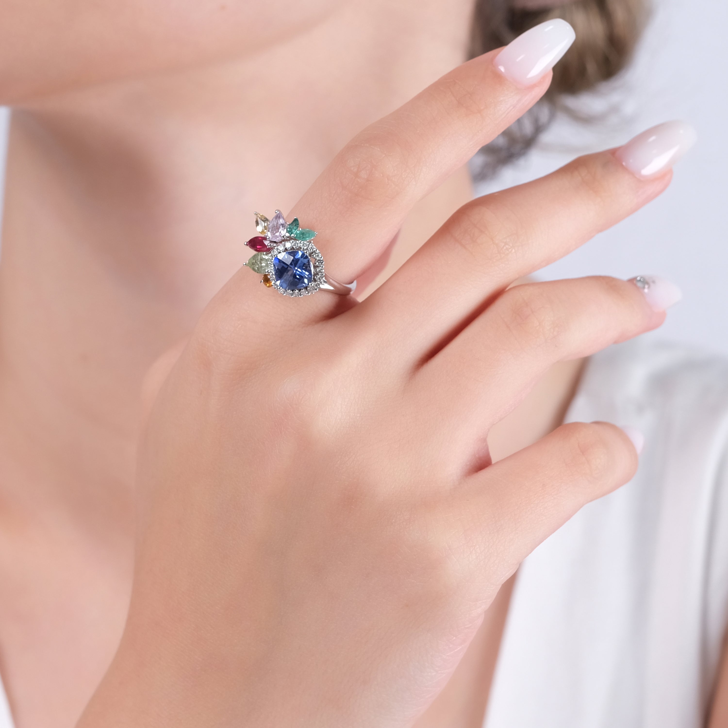 3.71 Carat Natural Diamond, Tourmaline and Sapphire Ring - Gold Stone Diamond