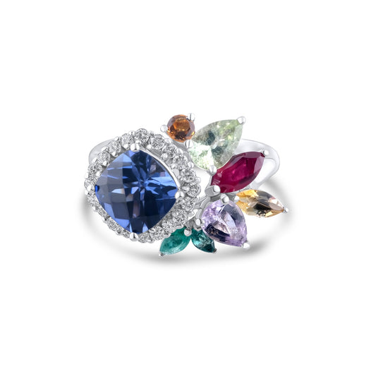 3.71 Carat Natural Diamond, Tourmaline and Sapphire Ring - Gold Stone Diamond