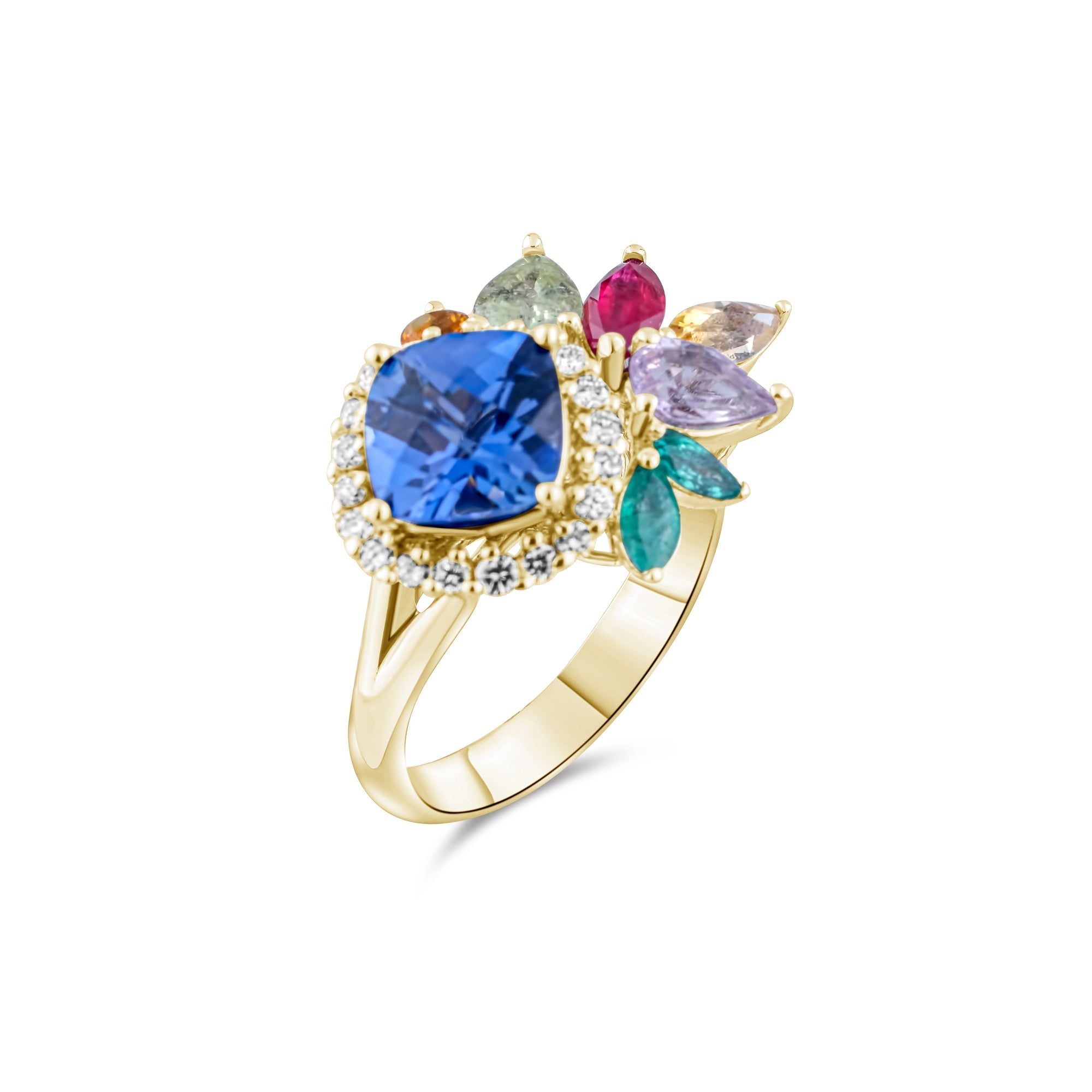 3.71 Carat Natural Diamond, Tourmaline and Sapphire Ring - Gold Stone Diamond