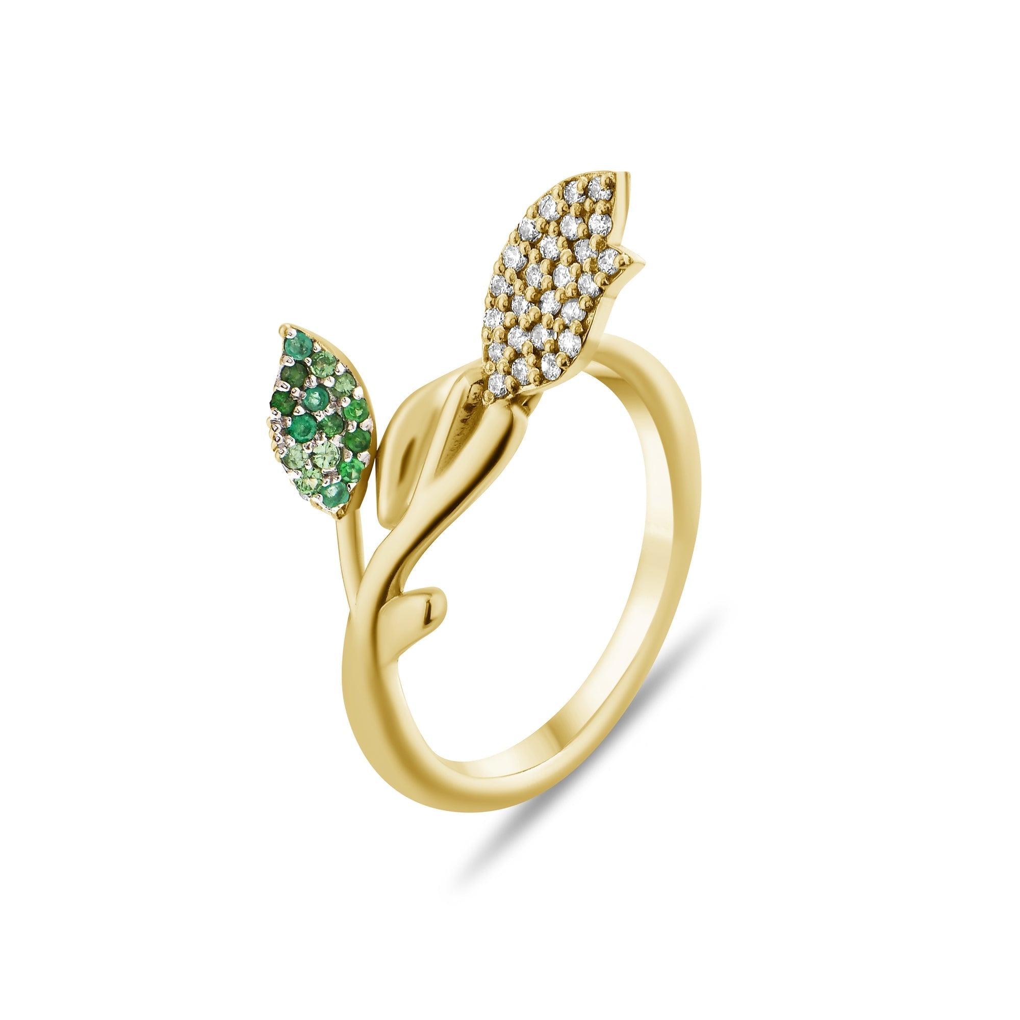 0.36 Carat Natural Diamond and Emerald Leaf Figure Ring - Gold Stone Diamond
