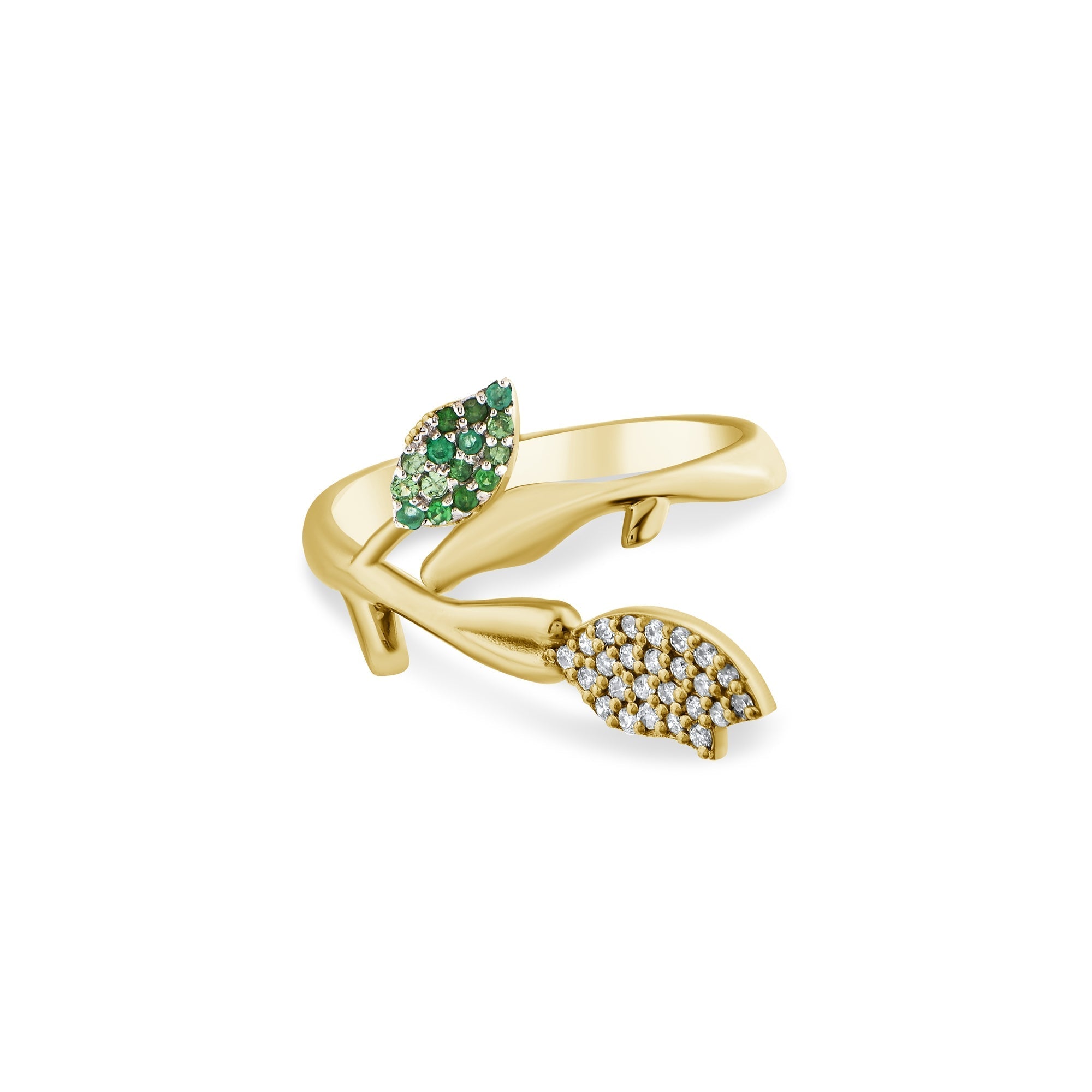 0.36 Carat Natural Diamond and Emerald Leaf Figure Ring - Gold Stone Diamond