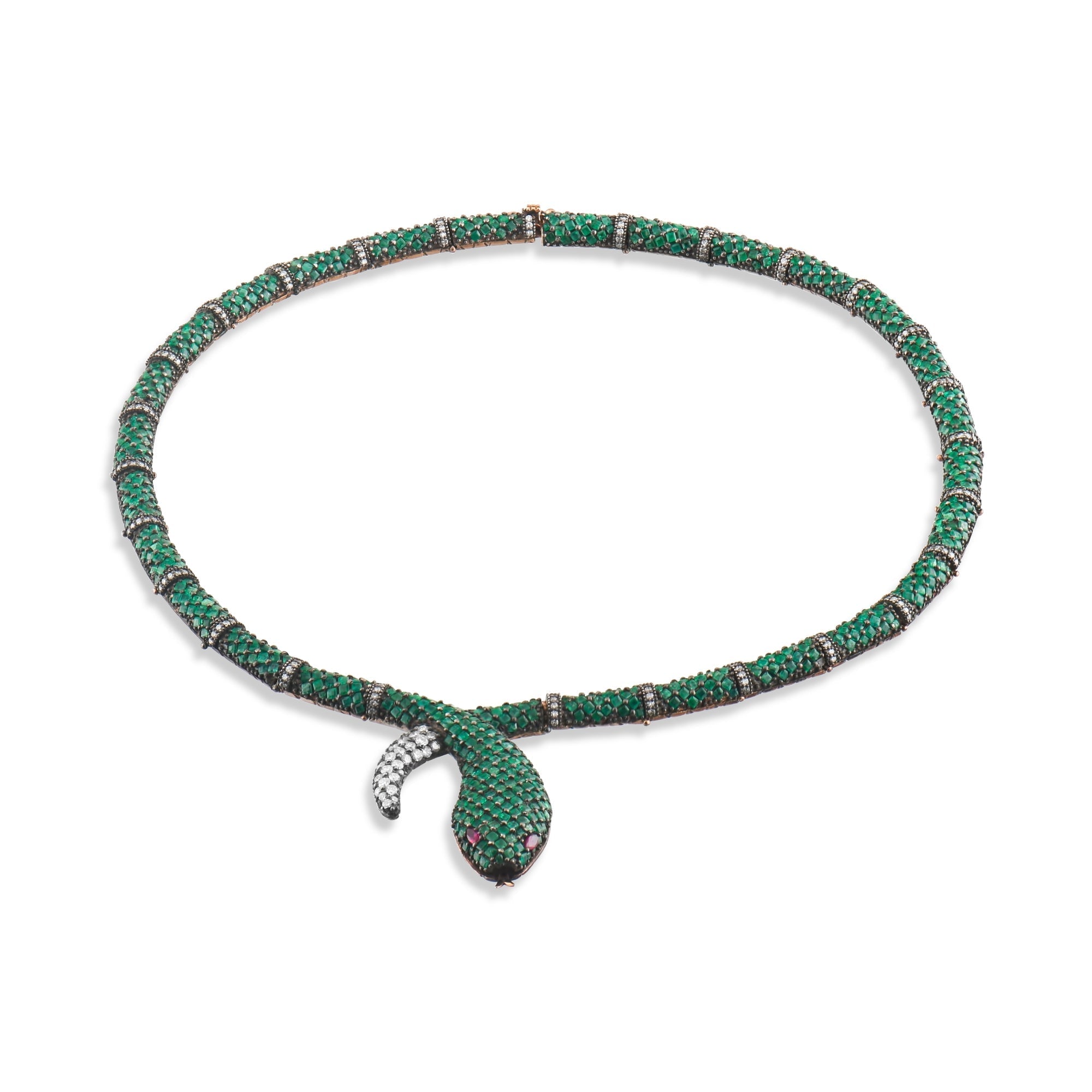28.42 Carat Natural Diamond and Emerald Snake Necklace – Fine Jewelry Design - Gold Stone Diamond