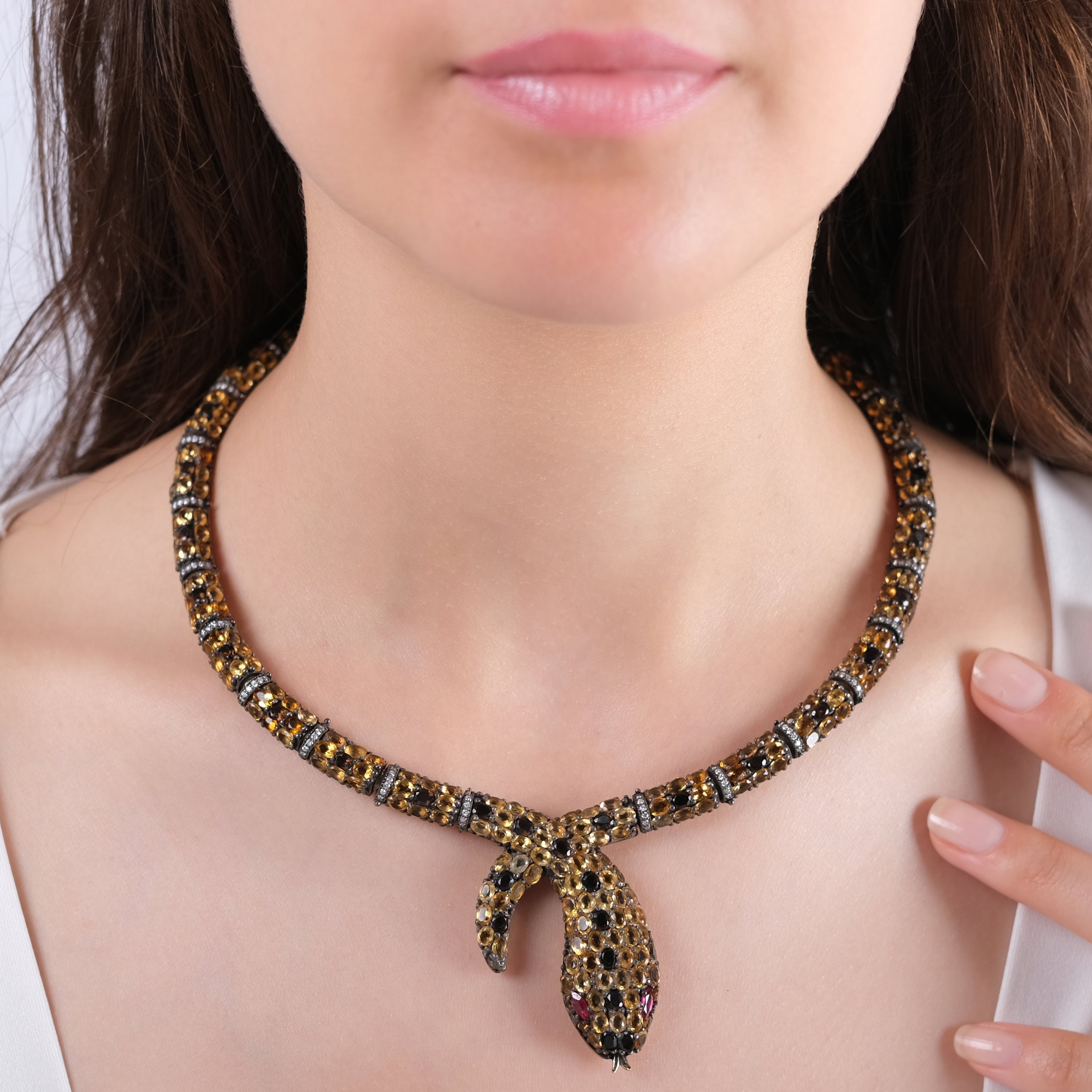 44.40 Carat Natural Diamond and Citrine Snake Necklace – Fine Jewelry Design - Gold Stone Diamond