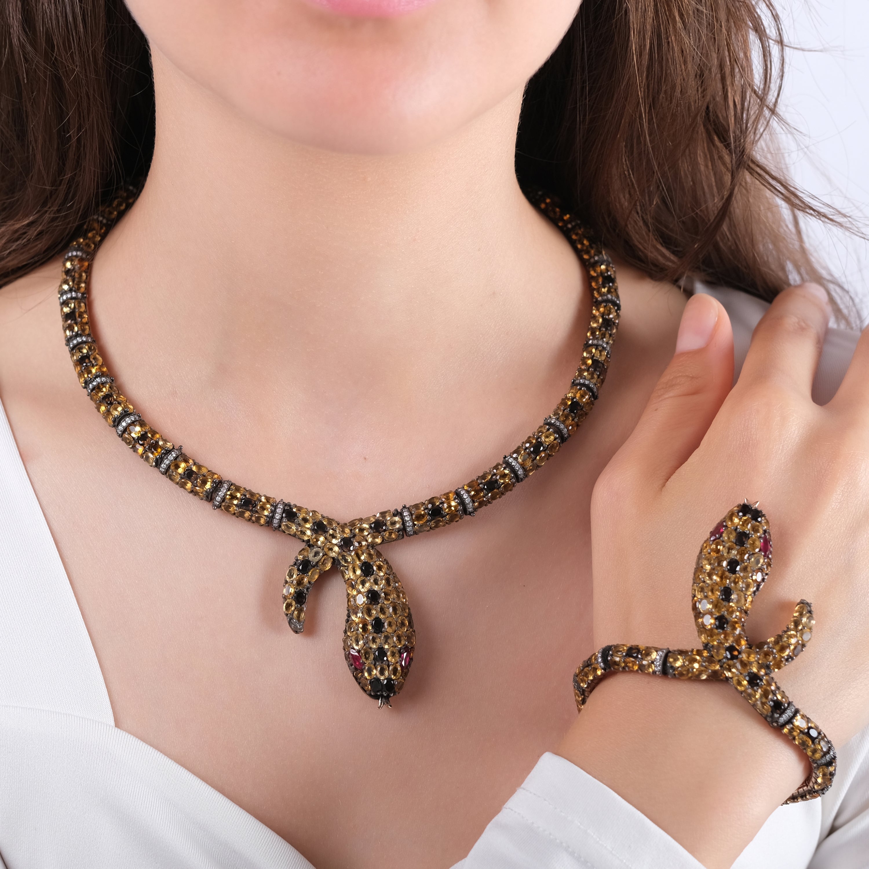 44.40 Carat Natural Diamond and Citrine Snake Necklace – Fine Jewelry Design - Gold Stone Diamond