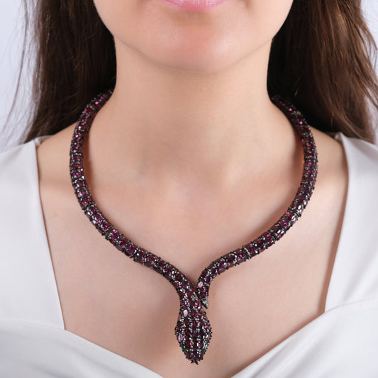 155.25 Carat Natural Diamond and Rhodolite Snake Necklace – Fine Jewelry Design - Gold Stone Diamond